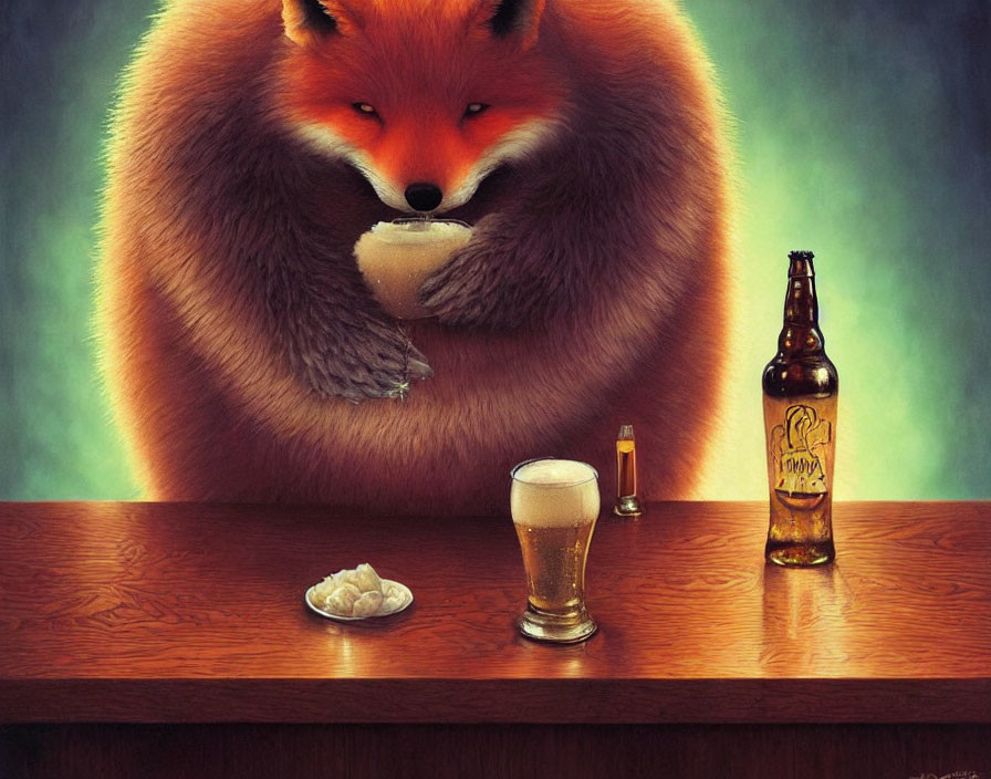 Anthropomorphic fox enjoying beer, bottle, and snacks at bar