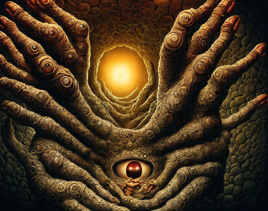 Surreal artwork featuring multiple arms with eyes and glowing orb.