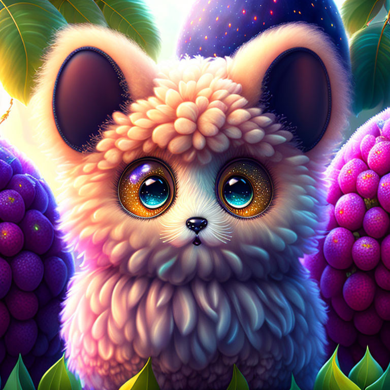 Fluffy Creature with Sparkling Eyes in Purple Berry Plant Setting