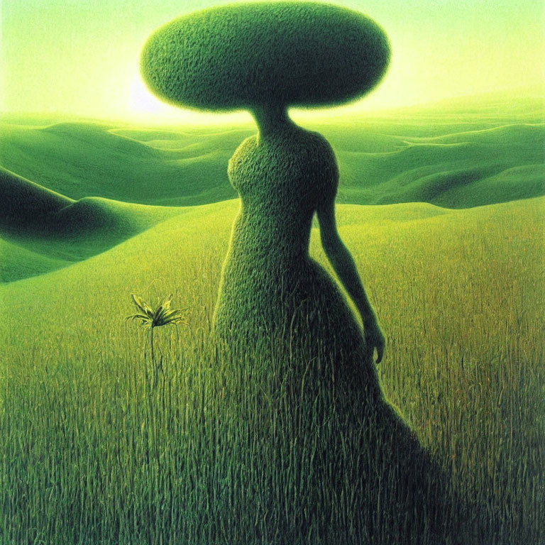 Surreal painting of female figure with tree-like head and spider in grassy field