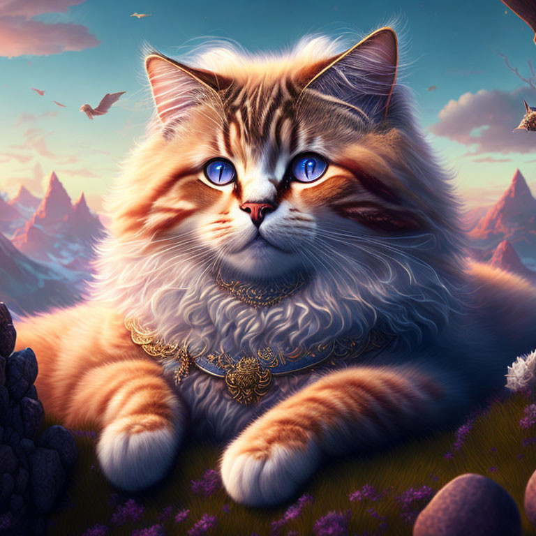 Blue-eyed cat with gold necklace in fantastical sunset landscape