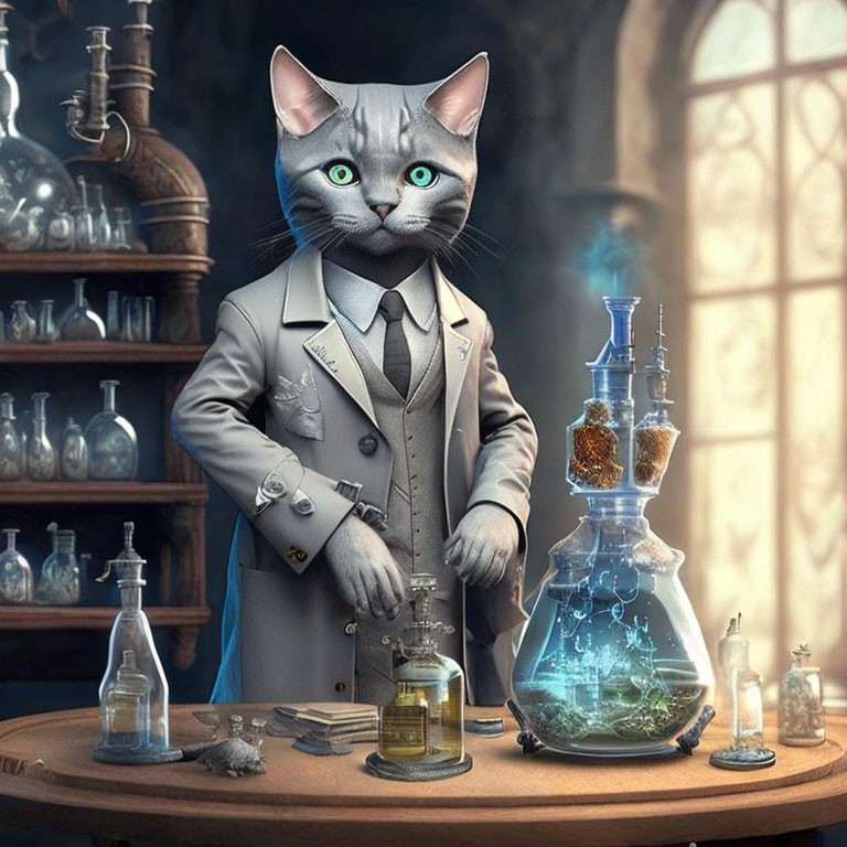 Anthropomorphic Cat in Suit Alchemy Experiment with Flasks in Vintage Lab