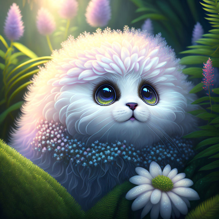 Fluffy white fantasy creature with big eyes in lush greenery