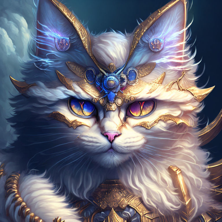 Regal cat with blue eyes in golden armor and tiara