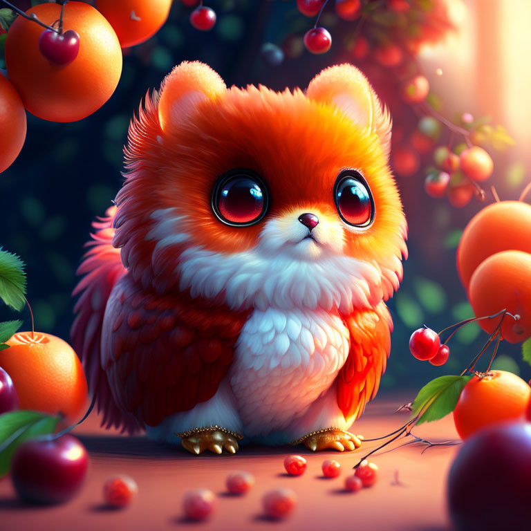 Fluffy orange and white creature among cherries and oranges