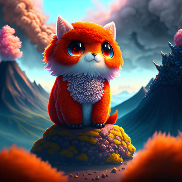 Colorful fantasy landscape with fluffy orange creature on rock