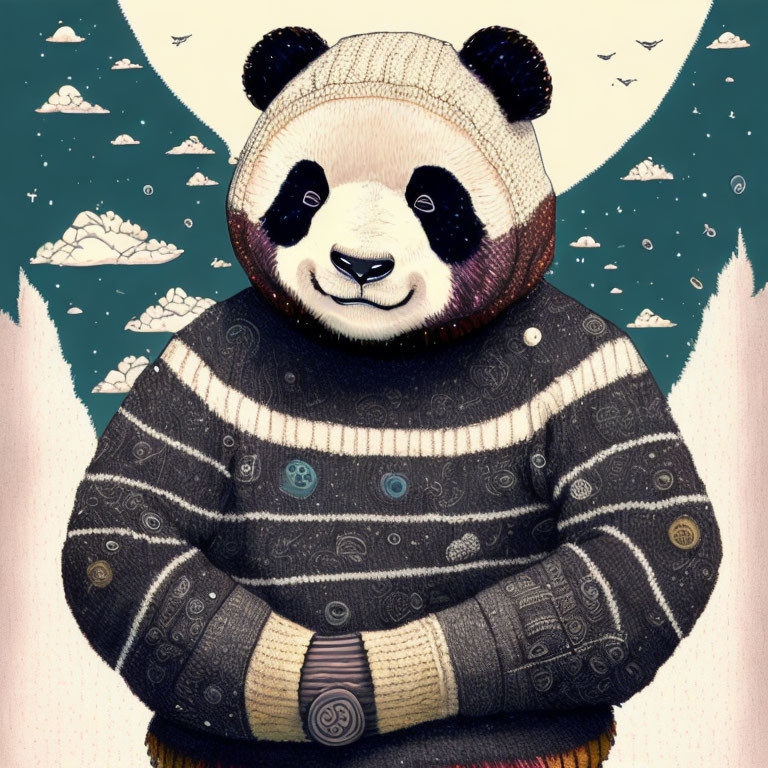 Content panda in cozy sweater and beanie with whimsical backdrop.