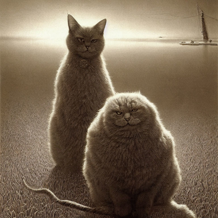 Two majestic cats in a field with sunlit horizon and sailboat