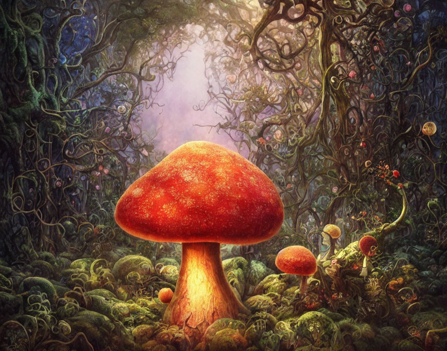 Enchanting forest scene with large red mushroom and twisted vines