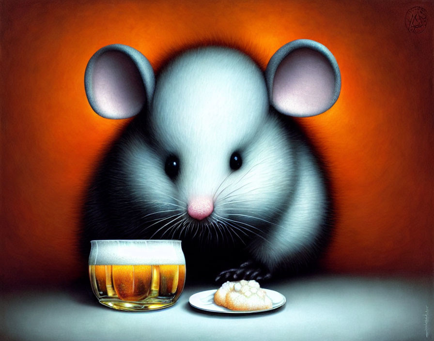 Chubby Mouse Illustration with Cookie and Drink on Orange Background