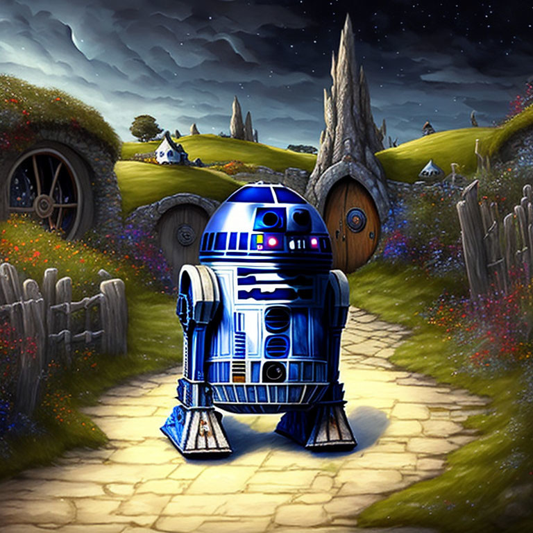 Digital artwork: R2-D2 in whimsical Shire-inspired scene