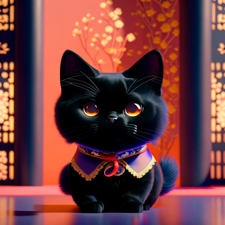 Shiny Black Cat 3D Illustration with Amber Eyes and Purple Collar