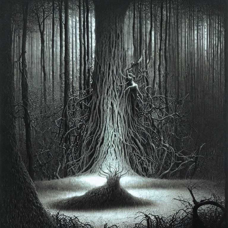 Monochromatic illustration of mystical forest with twisted tree and glowing base