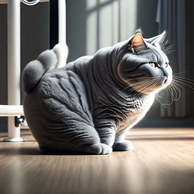 Gray Striped Cat with Yellow Eyes Sunbathing on Wooden Floor