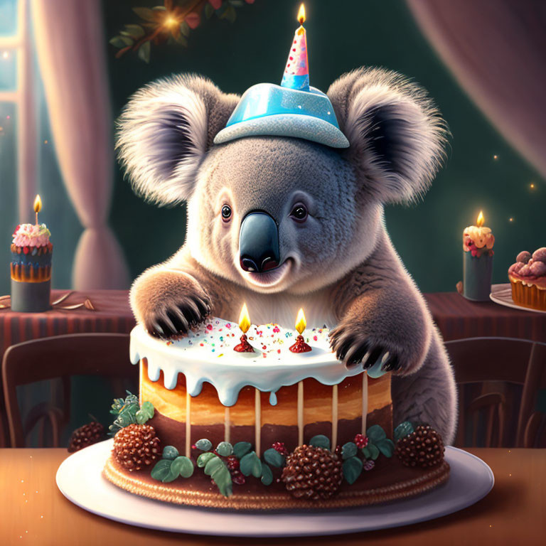 Smiling koala in party hat with birthday cake and cupcakes