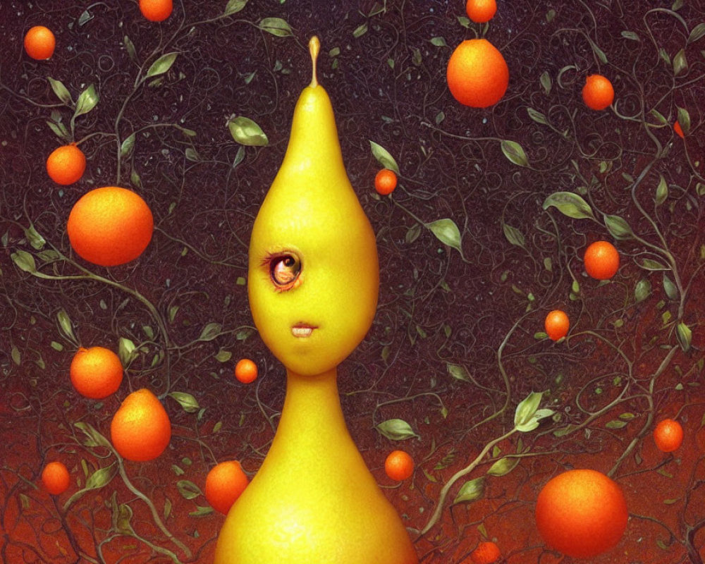 Surreal pear with human-like face and eye among floating oranges on textured background