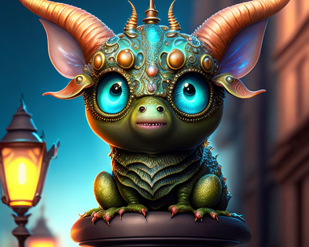 Steampunk-style creature with large eyes and horns under streetlamp glow