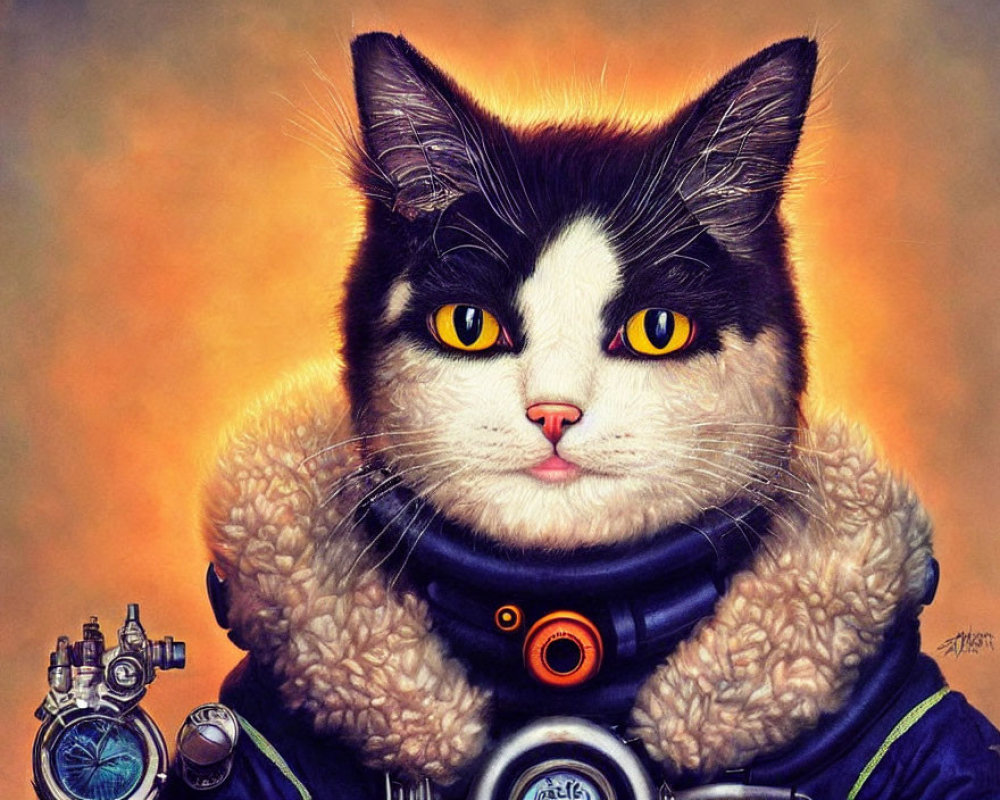 Cat in astronaut suit with helmet on orange backdrop