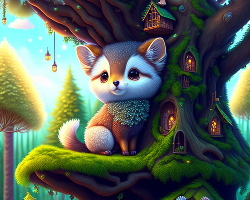 Illustration of wide-eyed fox on magical tree in enchanted forest