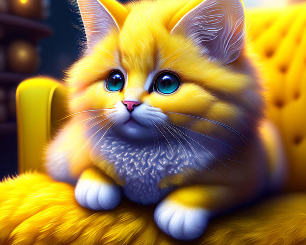 Fluffy orange kitten with blue eyes on yellow cushion in cozy room