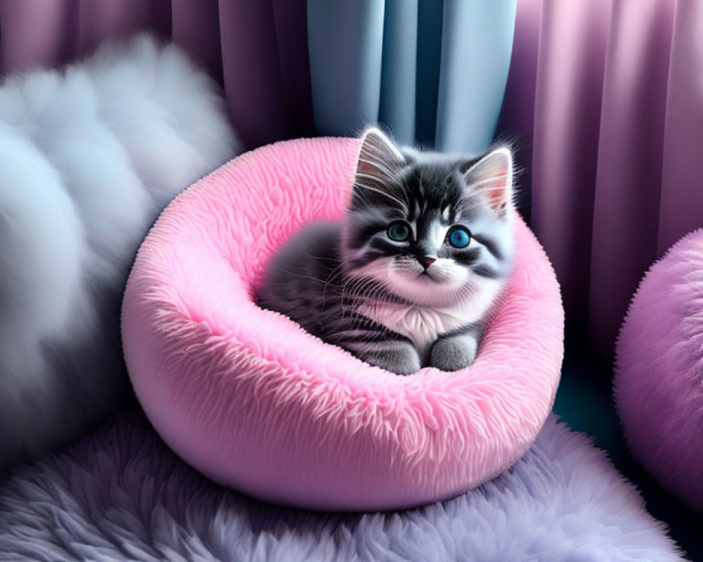 Gray kitten with blue eyes in pink bed with soft textures