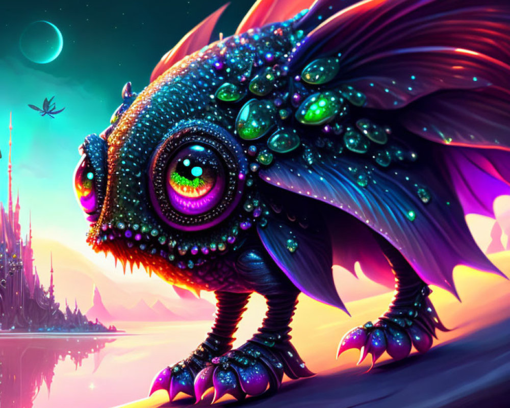 Fantastical creature with iridescent scales in purple landscape