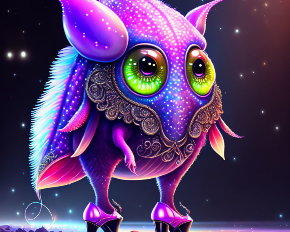 Purple fantastical creature with green eyes, wings, and high heels in digital art