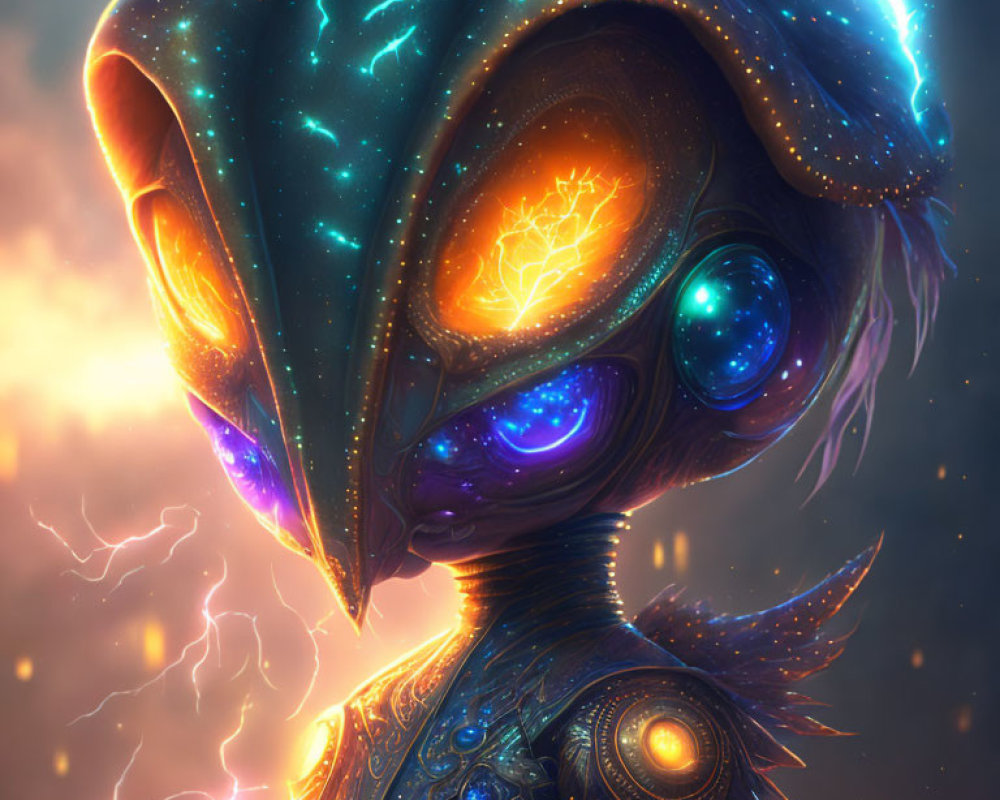 Cosmic alien with star-filled head in nebula environment