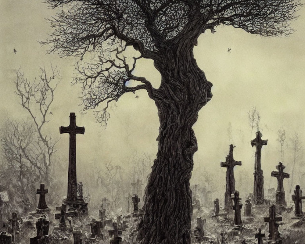 Monochrome illustration of gnarled tree in cemetery under gloomy sky