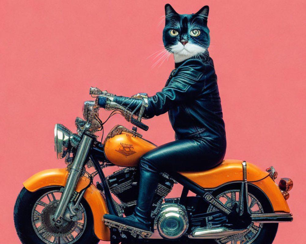 Cat with human body in leather jacket on yellow motorcycle against pink background