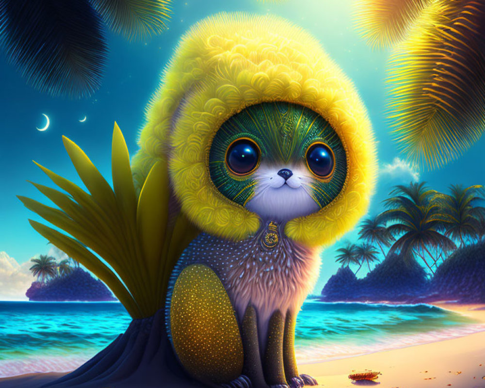 Whimsical cat in yellow cloak on tropical beach at twilight