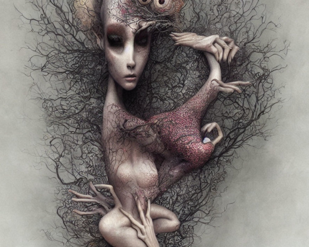 Surreal humanoid figure with elongated limbs and branches in monochrome palette