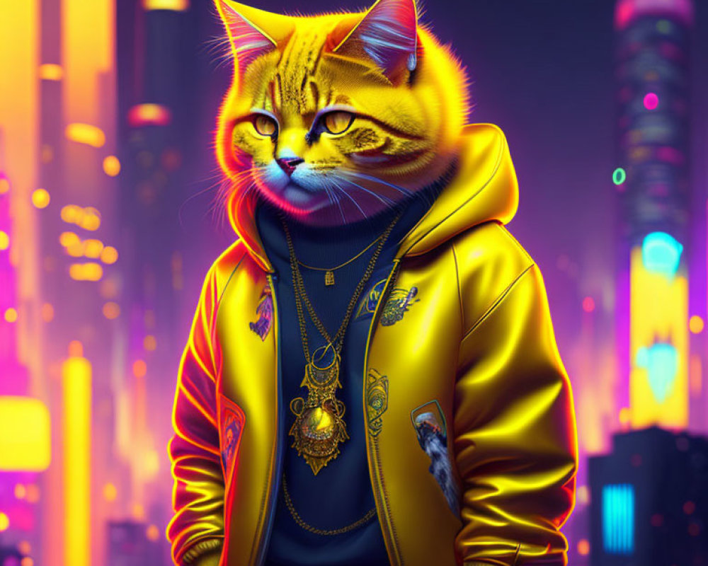 Anthropomorphic Cat in Yellow Jacket with Jewelry in Neon Cityscape