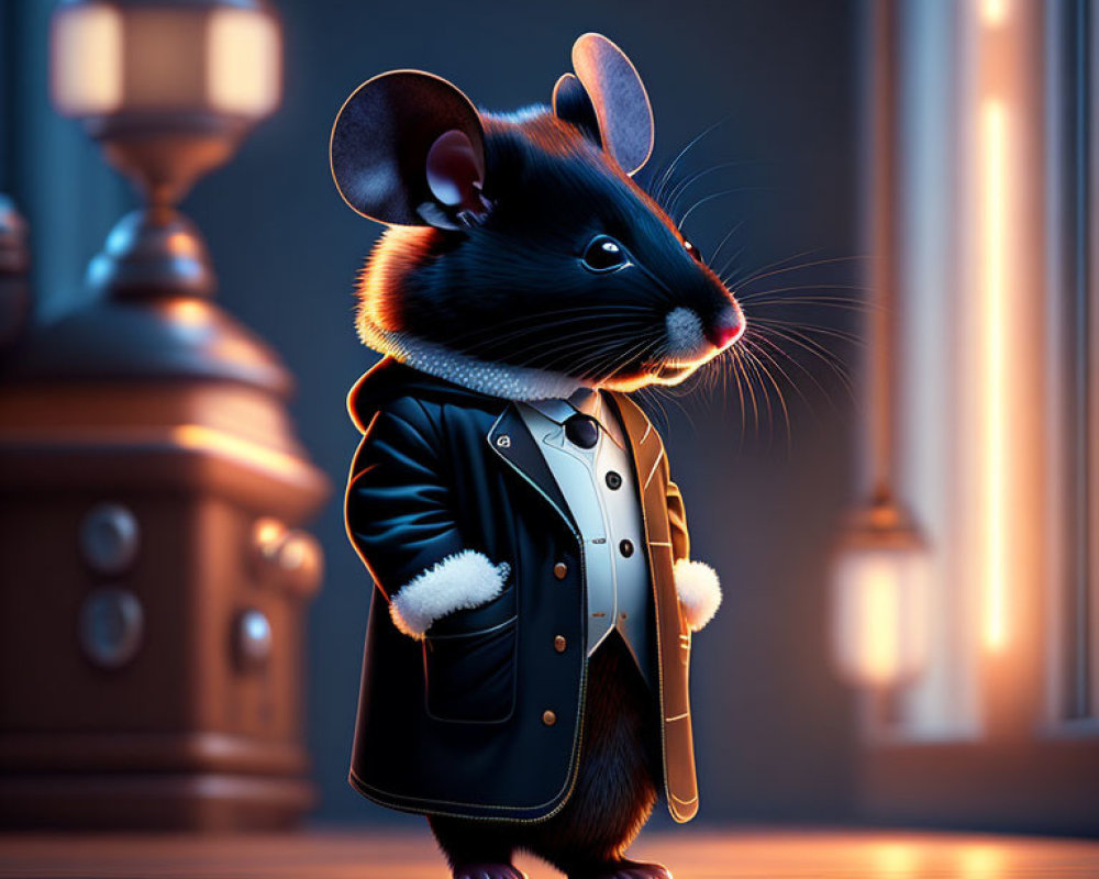 Anthropomorphic Mouse in Coat in Dimly Lit Room with Classical Furniture