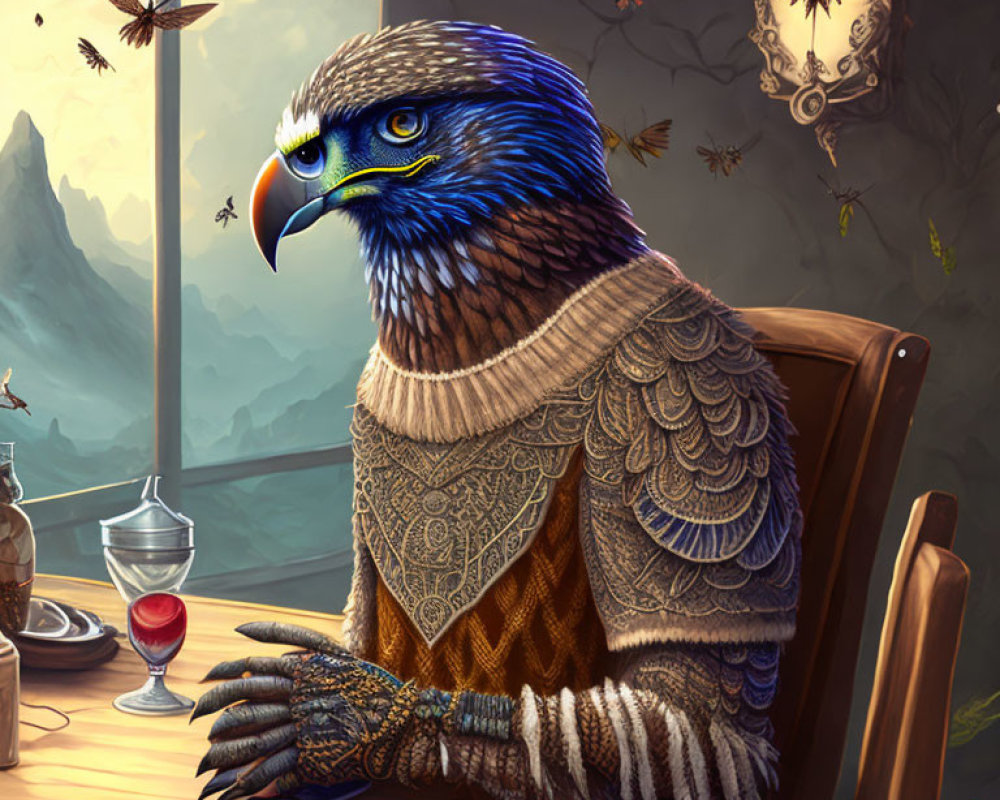 Medieval-themed anthropomorphic eagle with wine glass in mountain setting