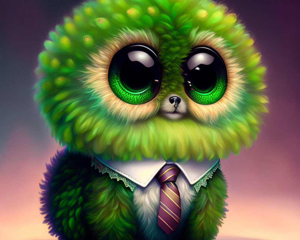 Fluffy Green Creature with Soulful Eyes and Striped Tie on Purple Background