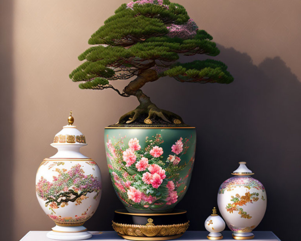 Lush Bonsai Tree in Decorative Pot with Ornate Vases on Black Shelf