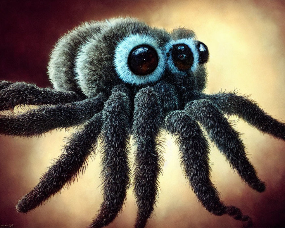 Detailed Close-Up Illustration of Furry Spider with Blue Eyes