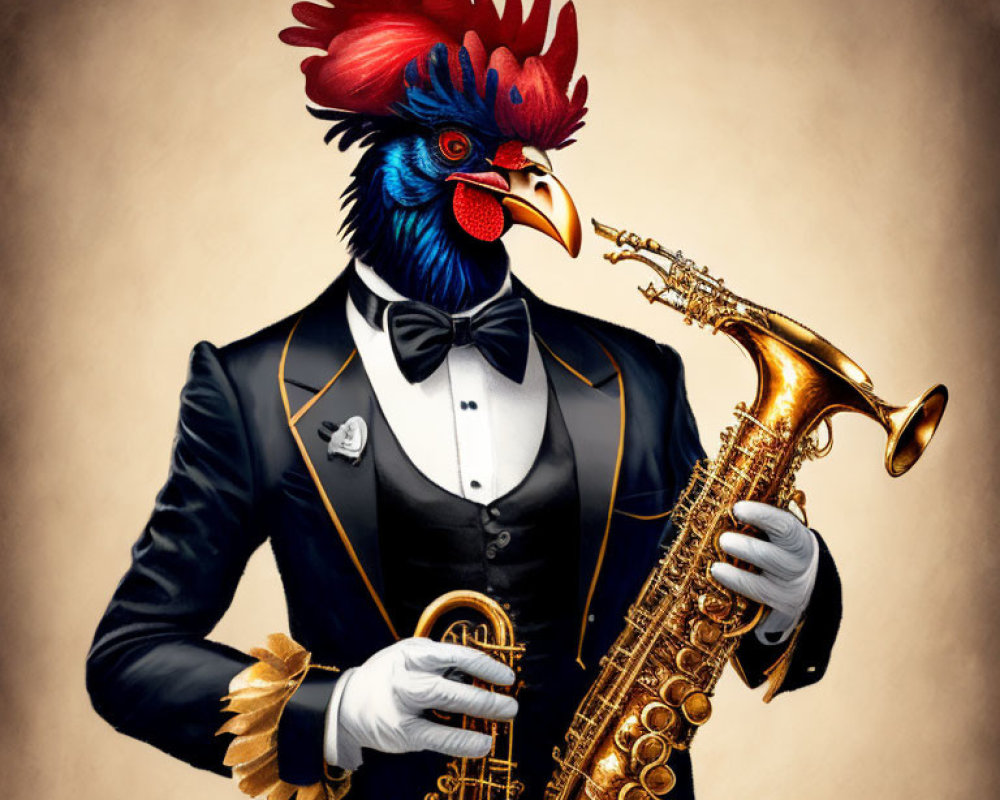 Anthropomorphic Rooster in Tuxedo with Saxophone on Beige Background