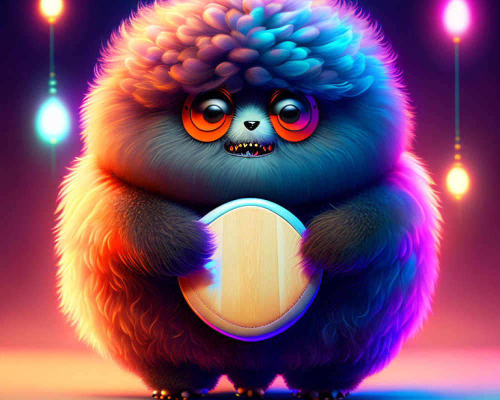 Fluffy Creature with Large Eyes Holding Drum under Ambient Lights