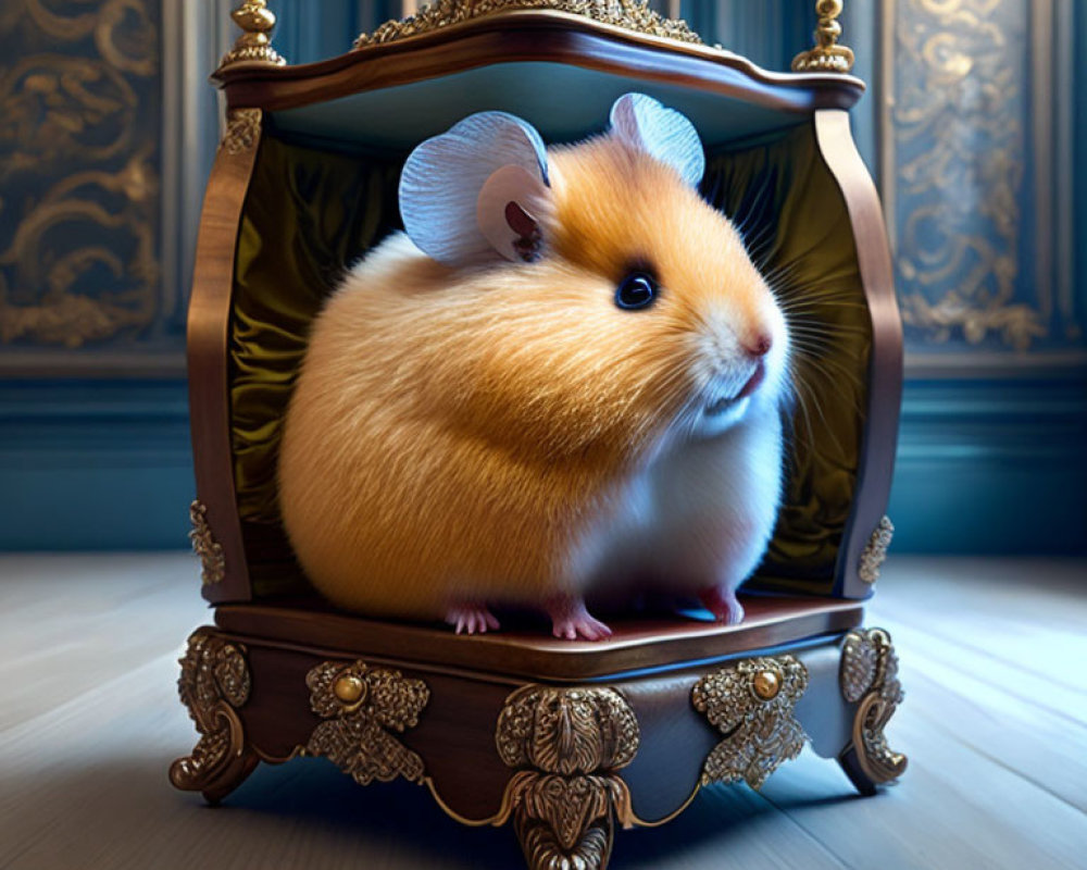 Cute chubby hamster on royal throne in elegant blue room