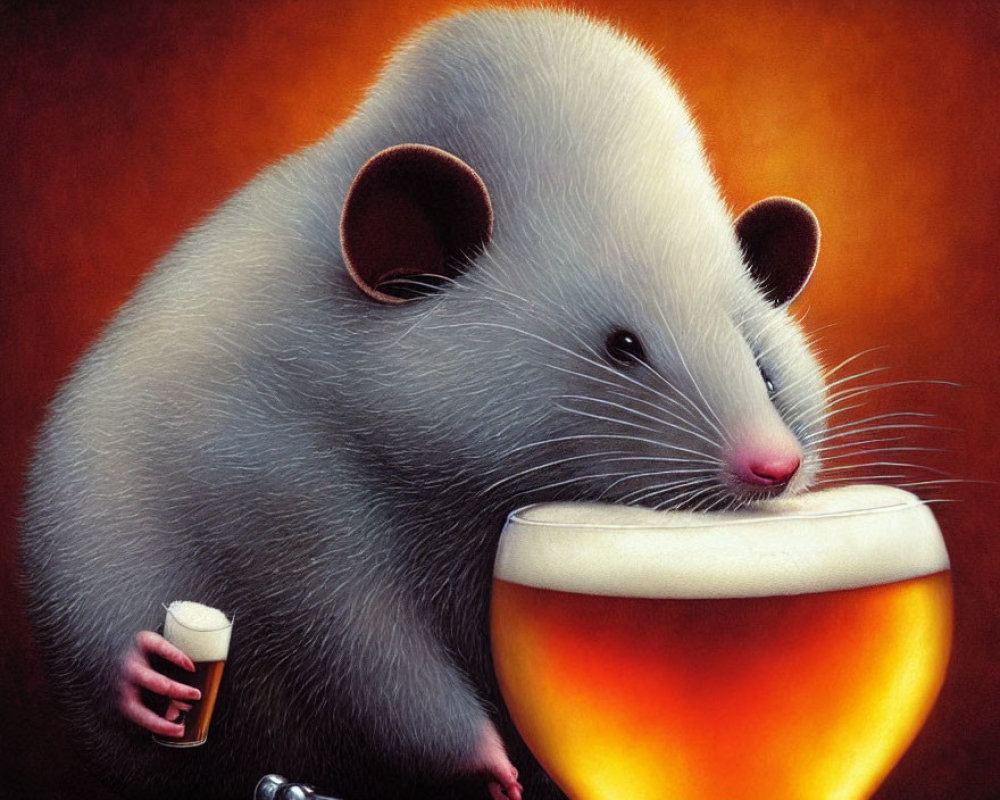 Illustrated Mouse with Human-Like Hands Holding Mug Over Pint of Beer