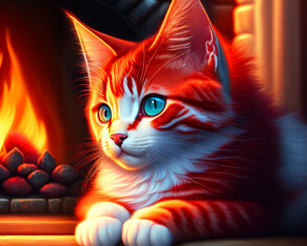 Illustration of Orange and White Cat by Fireplace