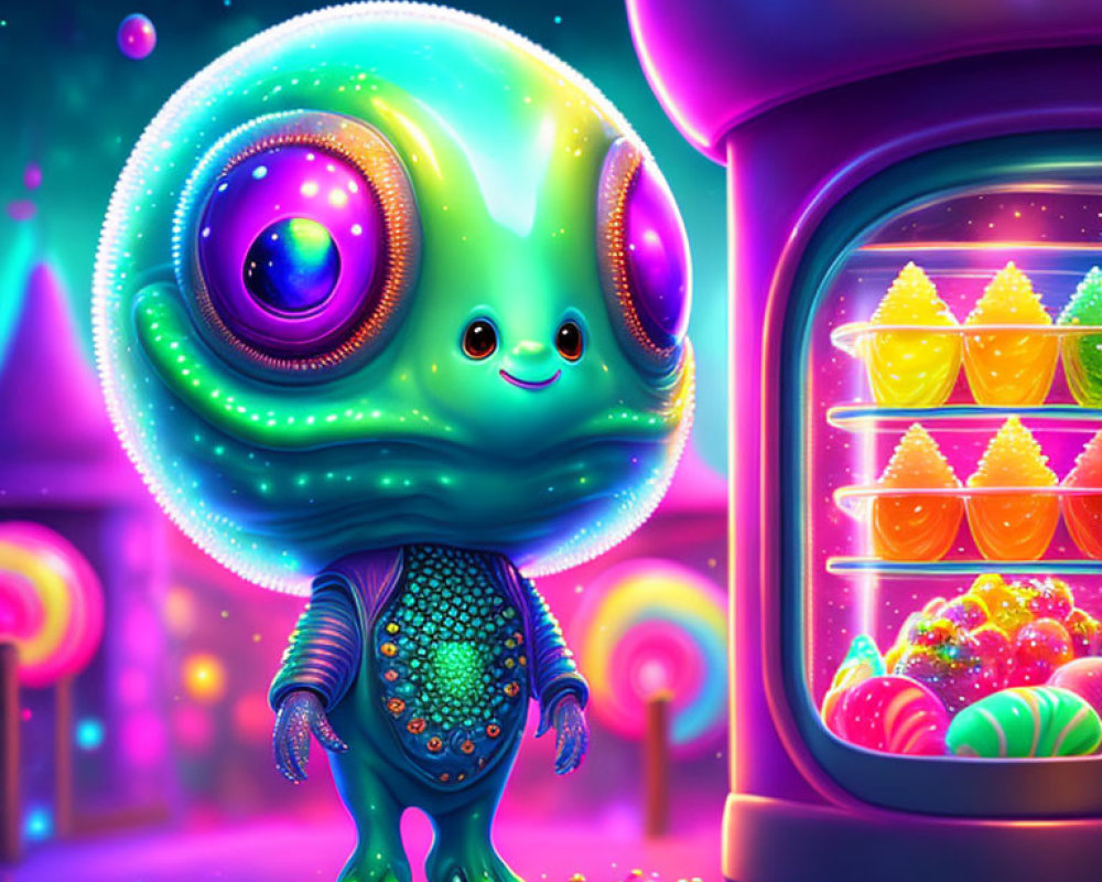Colorful Smiling Alien in Candy-Themed Digital Art