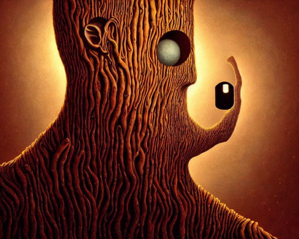 Detailed illustration of tree-like figure with human-like features, textured bark skin, hollow eye, mysterious doorway