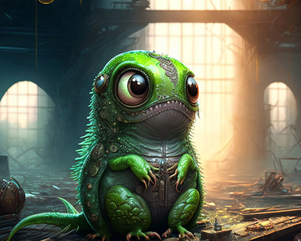 Detailed Steampunk Mechanical Frog Illustration in Green Environment