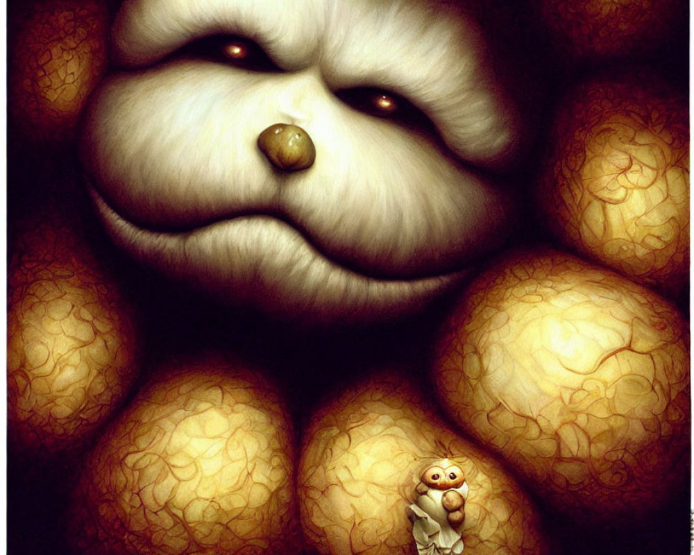 Whimsical illustration of large fluffy creature with small worried figure