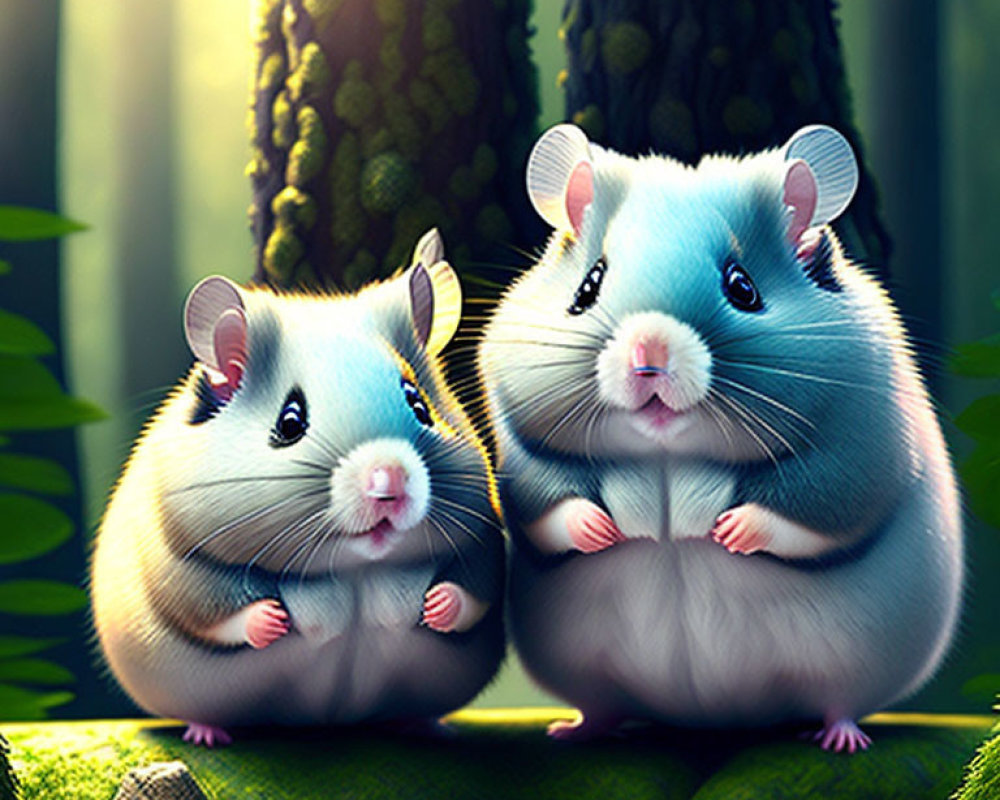 Plump cartoon hamsters in lush forest scenery