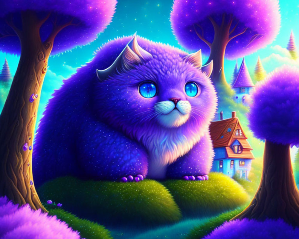 Giant fluffy blue cat in whimsical landscape with purple trees