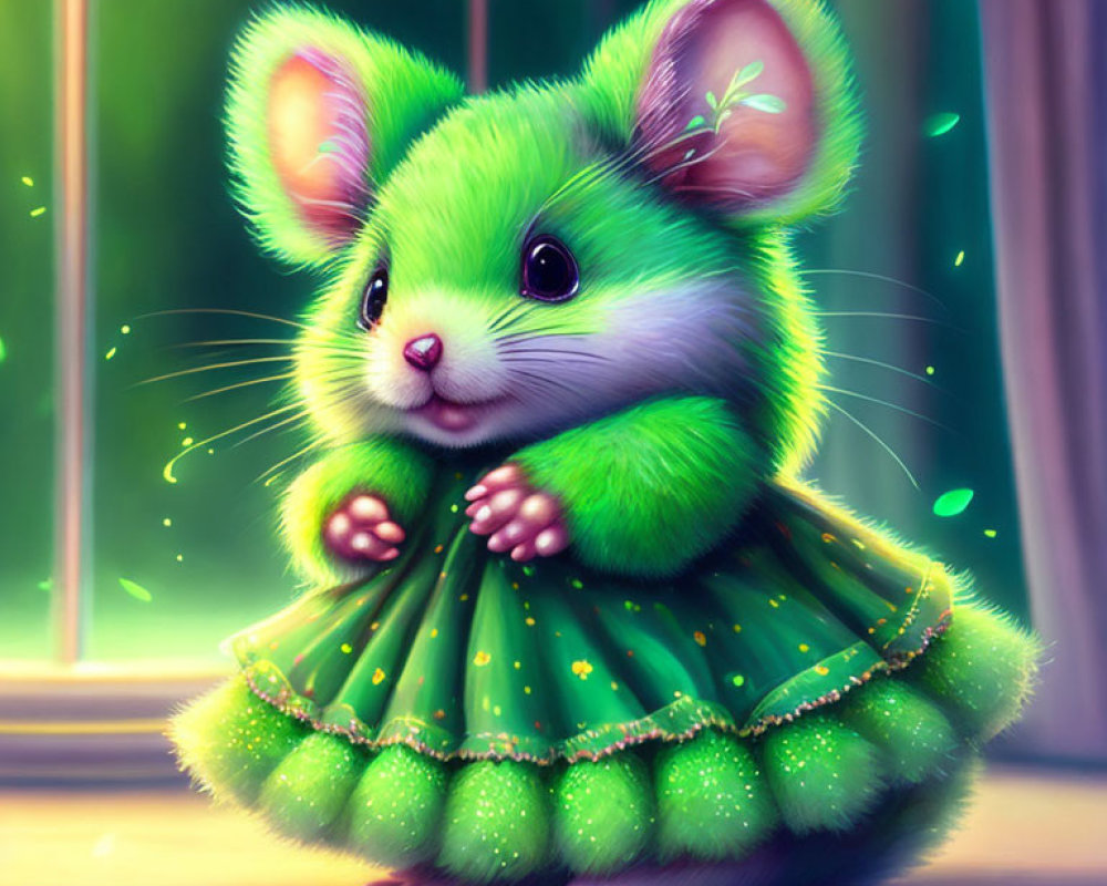 Colorful anthropomorphic mouse in frilly dress by window